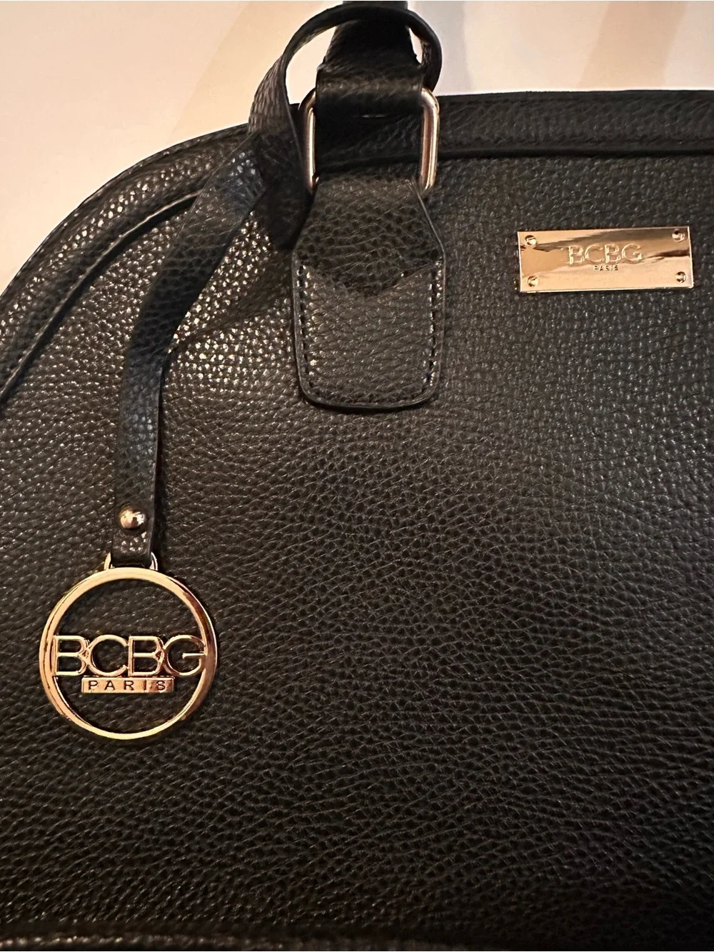 BCBG Paris Black Pebbled Leather Dome Satchel with Gold Accents